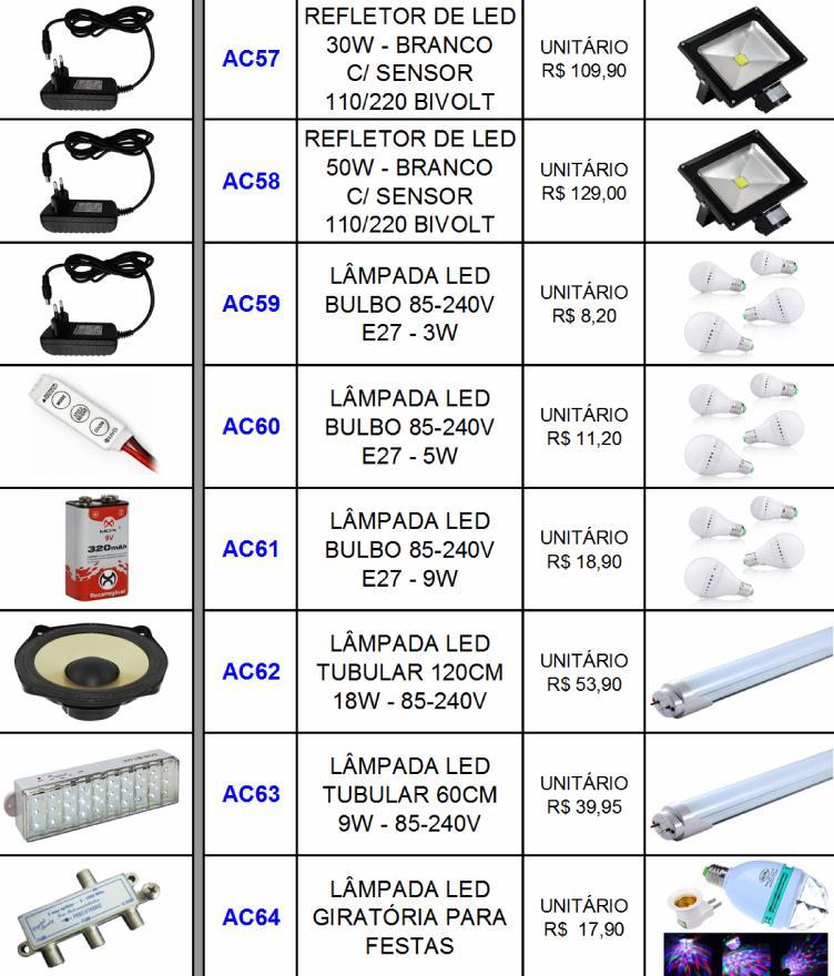 R$ 3,95 AC64 LÂMPADA LED GIRATÓRIA PARA FESTAS R$ 17,90 AC51 DIVISOR F 5-2450 MHZ 4 SAIDAS R$ 5,99 R$ 5,55 AC65 LANTERNA