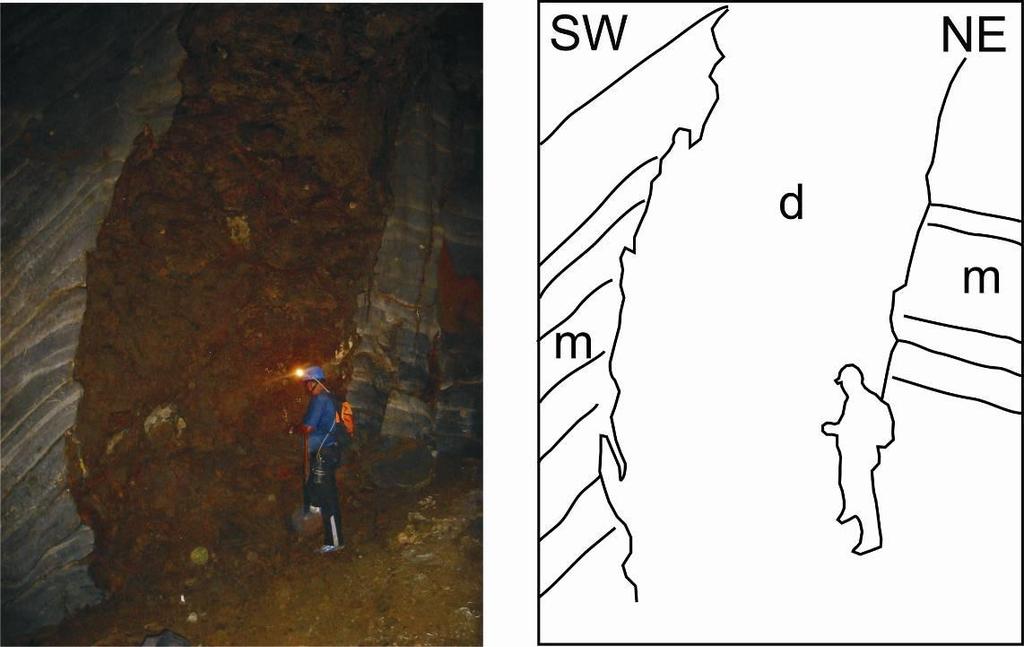 Figura 4: Foto do dique de diabásio no salão da Caverna Pianos, a esquerda, e interpretação das estruturas presentes, a direita. m metacalcário; d dique de diabásio.