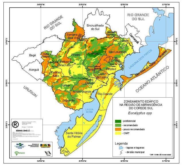 individualizar a aptidão edáfica específica, sendo gerado um único mapa de aptidão edáfica para o eucalipto na região do Corede Sul.