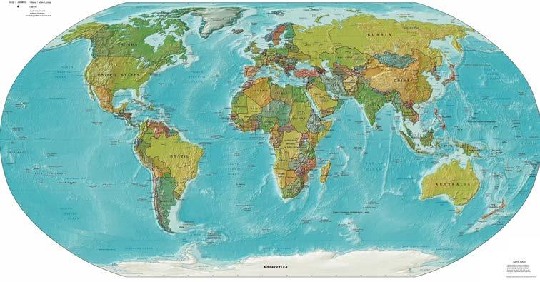 Figura 1: Cartografia representando a superfície do planeta Terra. Diposnivel em: http://upload.wikimedia.org/wikipedia/ commons/c/cf/worldmap_landandpolitical.jpg - acesso em: 4 de Abr.