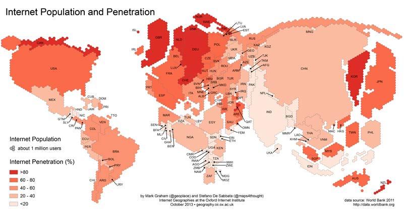 Figura 5: Mapa estatístico representando o acesso a internet no mundo. Diposnível em: http://upload.wikimedia.org/ wikipedia/commons/9/9f/internetpopulation2011_desabbata_graham_oii.