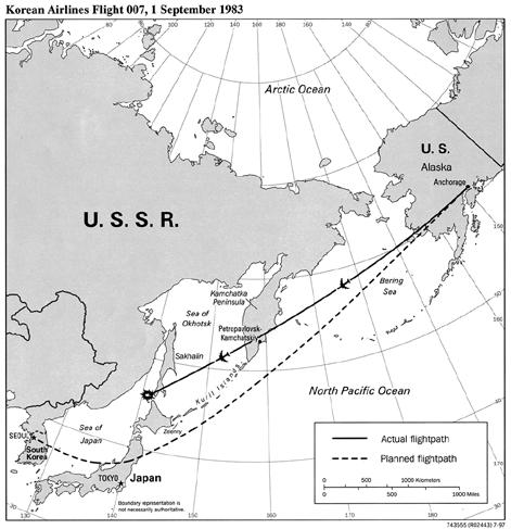 Na figura 6 as ligações representam o trajeto do voo 007 que em 1983 saiu do Alaska em direção a Coreia do Sul mas acabou se desviando de sua rota e foi derrubado por jatos soviéticos ao Norte do