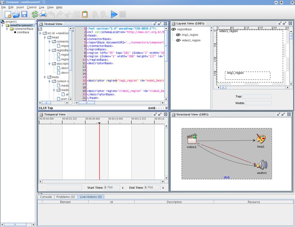 2.2 Autoria de vídeo interativo 23 Figura 2.2: Visões da ferramenta Composer. uma interface gráfica é possível que os comandos sejam enviados à máquina de apresentação.