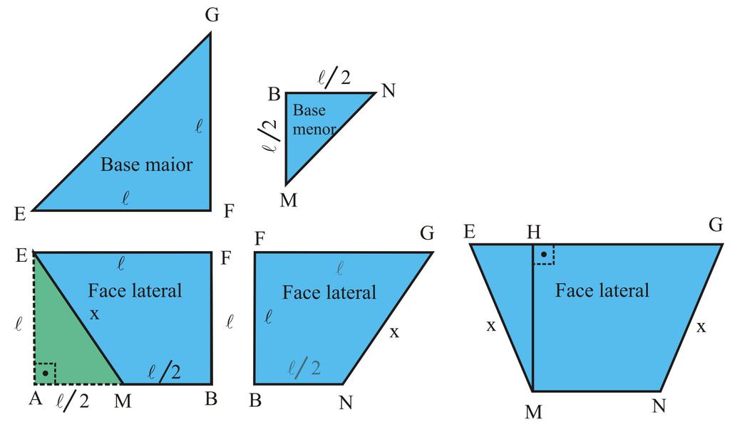 As figurs pintds m zu rprsntm s fcs do tronco d pirâmid MBNEFG. MNB é um triânguo rtânguo isóscs no qu MN EFG é um triânguo rtânguo isóscs no qu EG. EAM é um triânguo rtânguo no qu 5 EM 5.