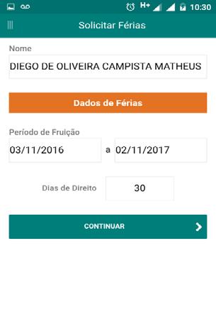 E clique em Continuar. 1 Opções de escolha: Opção de selecionar abono com no máximo dez dias (5 dias para cada parcela e 10 dias para período único).