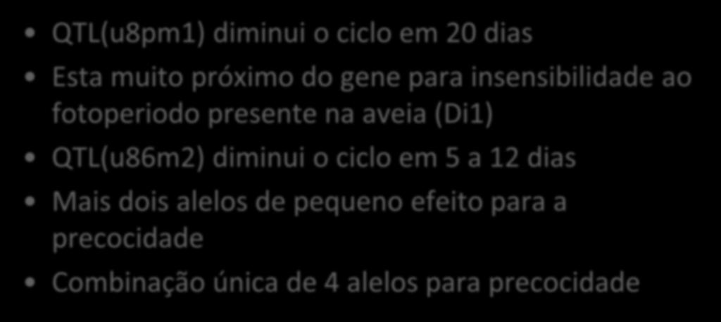 Genes presentes em UFRGS 8 QTL(u8pm1) diminui o ciclo em 20 dias Esta muito próximo do gene para insensibilidade ao fotoperiodo presente na aveia