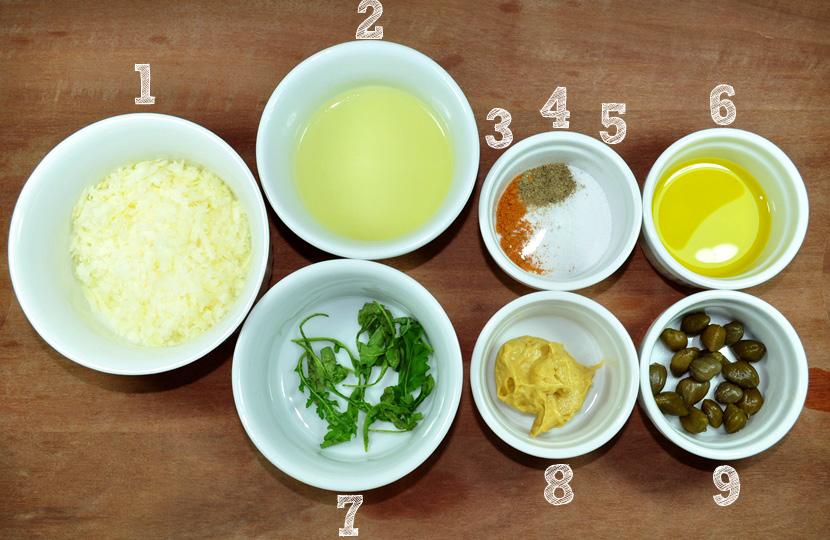 1) 2) 3) 4) 5) 6) 7) 8) 9) 15g de parmesão ralado; 1 e ½ colher de sopa de suco de limão siciliano; Pimenta vermelha a gosto; Pimenta do reino a gosto;