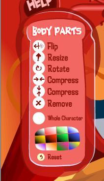 Com estes botões podemos atribuir cor aos elementos. Quando seleccionamos uma cor, aparece, em cada parte do corpo da personagem, um ícone representando um balde de tinta.