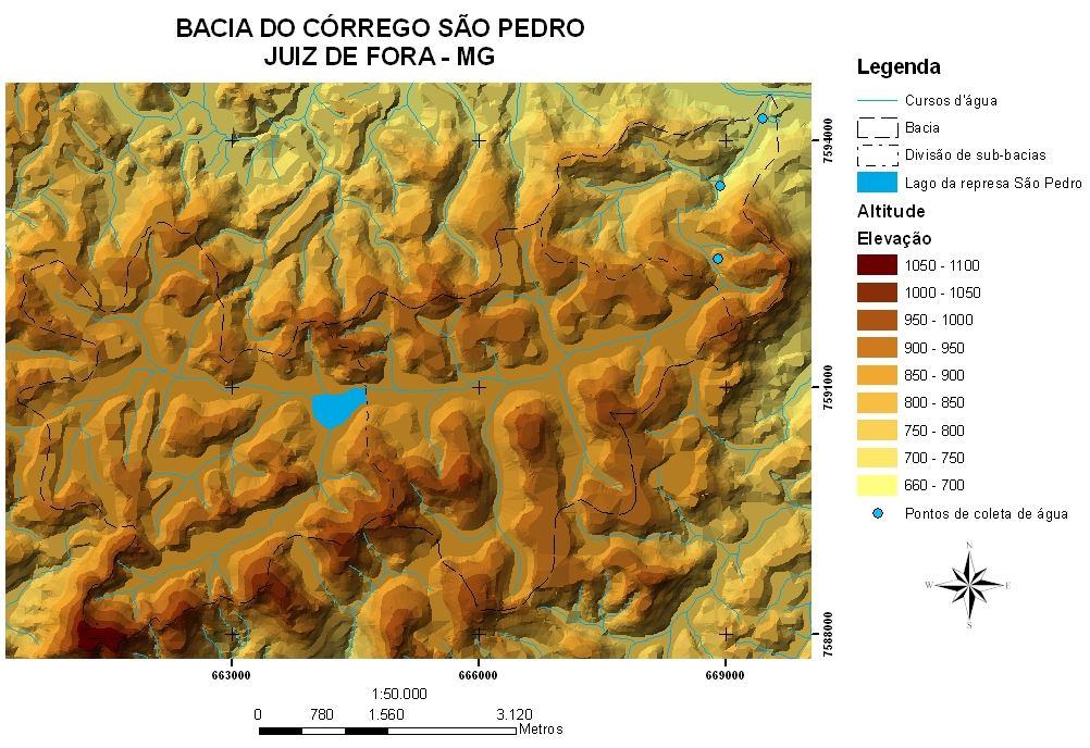 Mapa 01 Bacia Hidrográfica do Córrego São Pedro (pontos de coleta de amostras) 3) Resultado e Discussões Os resultados obtidos foram comparados com os índices estabelecidos pela Resolução CONAMA