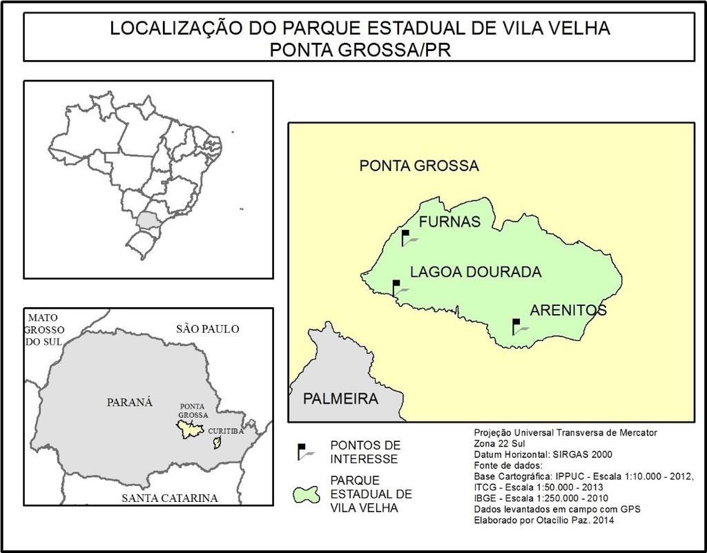 Figura 2 Localização do Parque Estadual de Vila Velha. Fonte: arquivos do projeto, 2014. - Morro do Canal: Localiza-se no município de Piraquara - PR, Região Metropolitana de Curitiba (Figura 3).