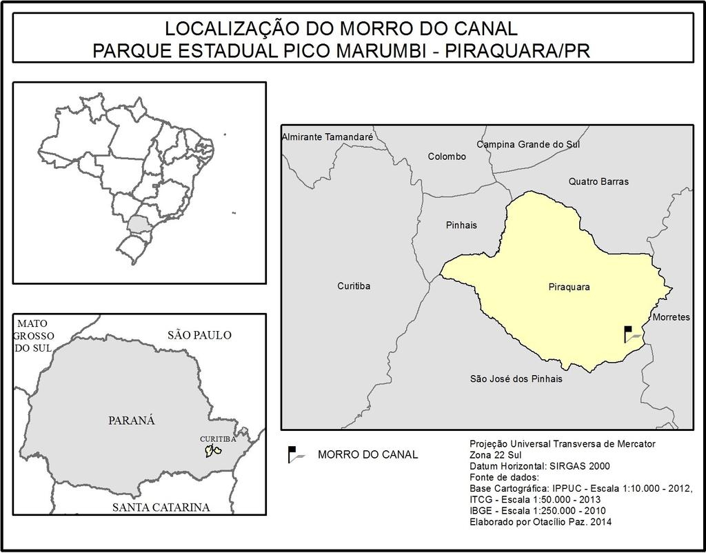 Figura 3 Localização do Morro do Canal. Fonte: arquivos do projeto, 2014. - Parque Estadual de Campinhos: Está localizado em partes dos municípios de Cerro Azul PR e Tunas do Paraná PR (Figura 4).