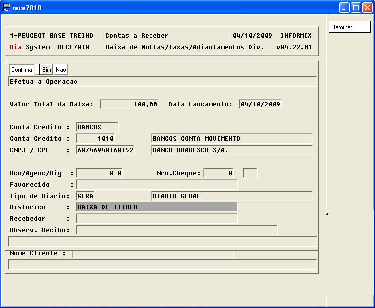 Contas a Receber Capitulo 27 Após informar o valor e dar Ctrl+F será aberta a tela automaticamente para que indique a conta contábil a ser