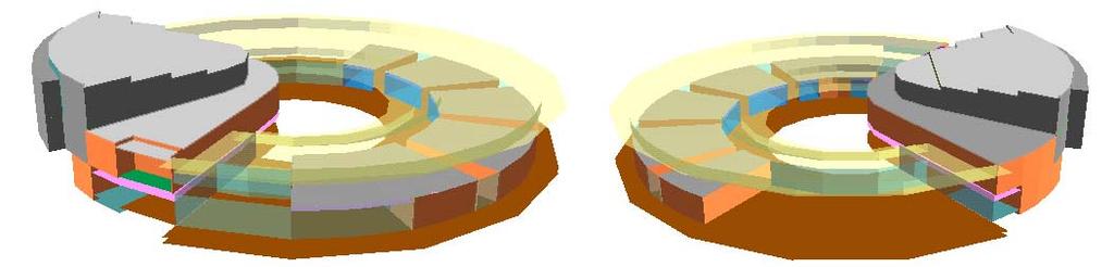 Figura 5 - Prédio Central: modelagem no aplicativo de simulação com cobertura de telha metálica sanduíche, faixas de vidro verde laminado e chapa metálica perfurada nas extremidades.