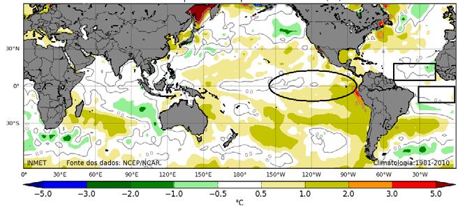 Figura 2 - Mapa de anomalias da temperatura da superfície do mar no período 01 a 26 de março/2017 destacando as áreas de El Niño/La Niña (elipse) e dipolo do Atlântico (retângulos) Fonte: Inmet.
