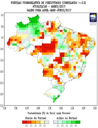 7.3. Prognóstico climático de chuva para o Brasil período abril-maiojunho/2017 Segundo os modelos de previsão climática, as probabilidades indicam que na Região Sul as chuvas devem ficar dentro da