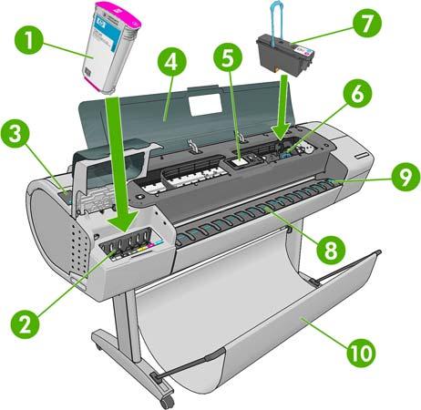 Introdução Os principais componentes da impressora Visão frontal As vistas frontal e traseira da impressora de 1118 mm a seguir ilustram os principais componentes da impressora.