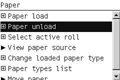 Para descarregar um folha não impressa, usa a tecla Unload paper (Descarregar papel) (apenas série T770) ou o procedimento de menu Paper (Papel) a seguir. 1.