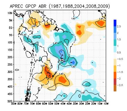 anomalias de sinal contrário são observadas sobre as latitudes médias e altas do oceano Atlântico Sul.