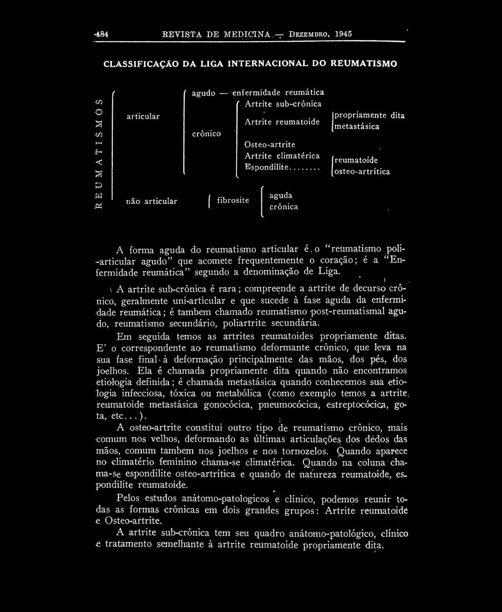 484 REVISTA DE MEDICINA, DEZEMBRO, 1945 CLASSIFICAÇÃO DA LIGA INTERNACIONAL DO REUMATISMO O m i i < articular ' agudo crônico enfermidade reumática Artrite sub-crônica Artrite reumatoide