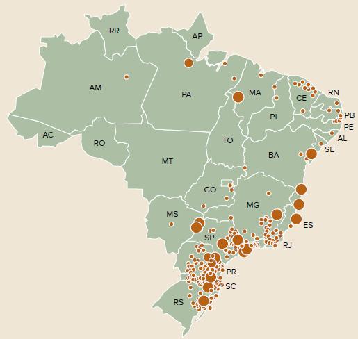 22 No Brasil, os setores de celulose e papel contam com cerca de 220 empresas em 17 estados, num total de 450 municípios e 114 mil empregos diretos gerados.