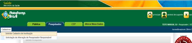 Adiconar nova instituição Na aba Pesquisador, selecione o