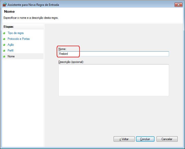 Indique o nome Firebird e clique em
