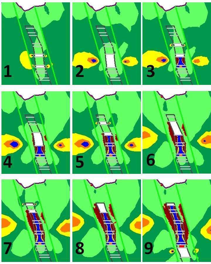 A Fig. 5.3 ilustra detalhes dessas mesmas distribuições de FS, no entorno das cavidades subterrâneas em cada um dos estágios de lavra considerados nas análises. Observando-se a Fig. 5.3, nota-se que, de uma maneira geral, os FSs ficam acima de 1,0, principalmente durante a lavra do 4 e 3 realces, estágios 2 e 4 da Fig.