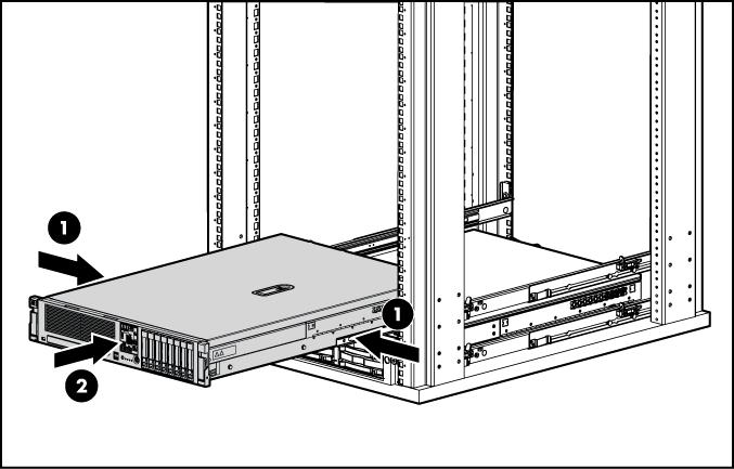 3. Depois de executar o procedimento de instalação e manutenção, deslize o servidor de volta no rack: a. Pressione as travas de liberação dos trilhos do servidor e deslize o servidor no rack. AVISO!