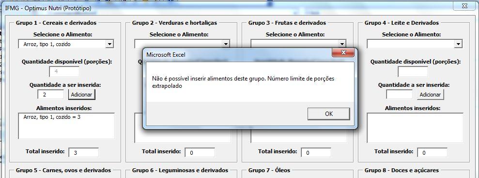 de cada grupo que deseja usar na refeição, podendo, inclusive, selecionar mais de um alimento por grupo.