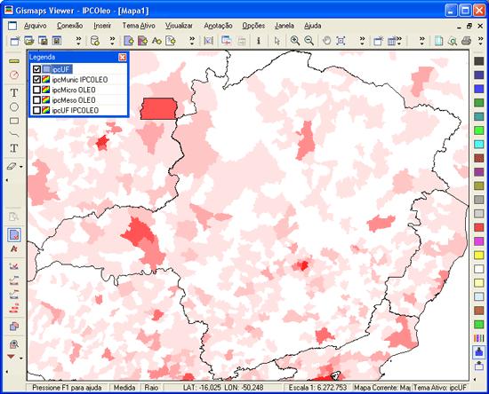 Figura 30 - Zoom no estado de Minas Gerais Para voltar ao mapa do Brasil, selecione no menu principal Visualizar >> Extensão Total ou use o botão. 10.