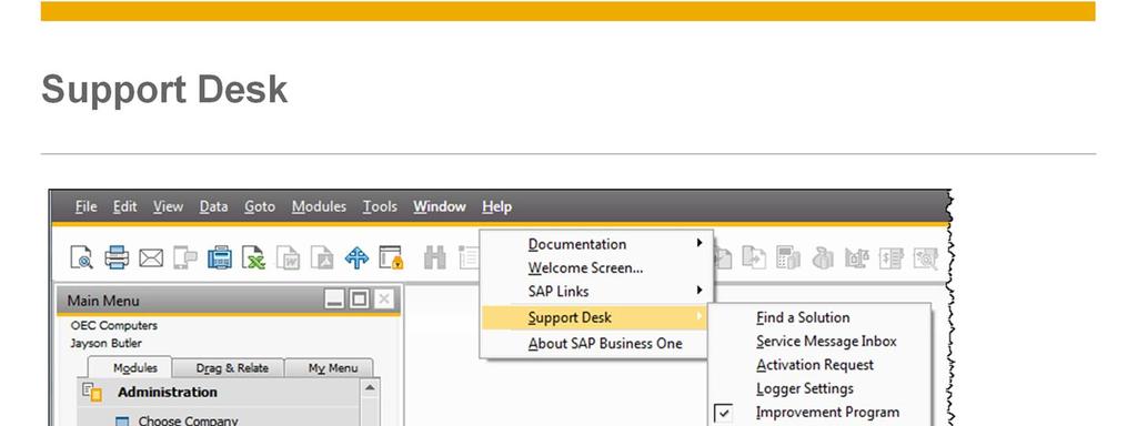 Se ocorrer um problema com o SAP Business One, seu cliente poderá usar a função Support Desk na aplicação SAP Business One para conectar-se diretamente