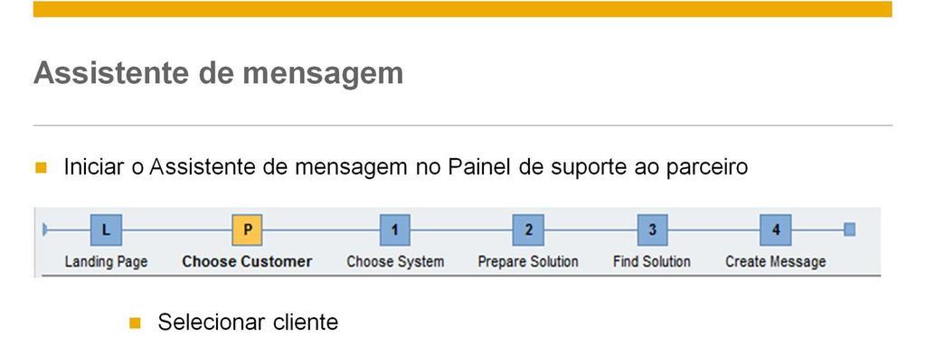 No Painel de suporte ao parceiro, você pode iniciar o Assistente de mensagens SAP. O assistente o orientará pelo processo: Selecione o cliente da sua lista de clientes.