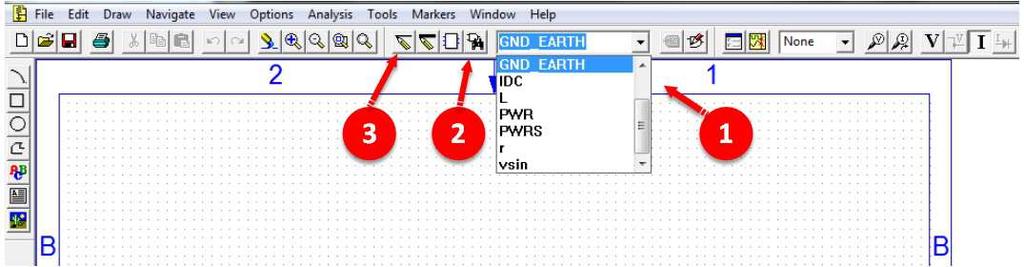 Figura 10: Como localizar os componentes no software PSpice. Para conectar os componentes do circuito clique na ferramenta indicada como 3 na Figura 10.