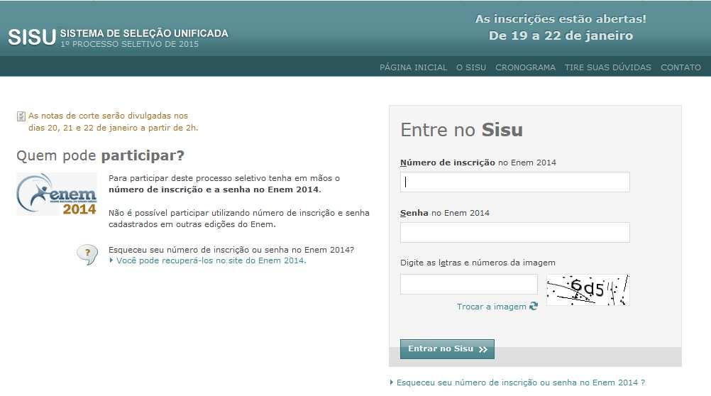 Figura 1: Tela de Acesso ao SiSU, onde são cobrados o Número de Inscrição do Enem 2014 e senha do estudante.