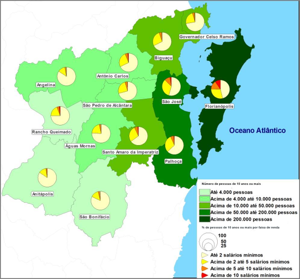 Figura 6: Percentual de Pessoas de 10 anos ou mais por Faixa de Renda em Salários Mínimos Fonte: Censo Populacional de 2010 Dados do Universo / IBGE O mapa temático e a tabela apresentados na