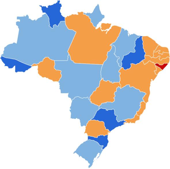 One of the lowest national death rate by gunfire Death rate by gunfire in Brazilian States ( per 100,000 inhabitants - 2010) 55,3 32,8 34,4 34,6 30,3 18,9 19,9 20,6 22,0 23,0 23,6 25,0 25,3
