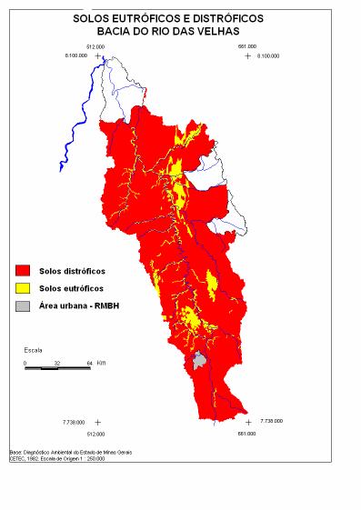 Figura 3.6: Relação espacial entre solos Distróficos e solos Eutróficos na bacia do Rio das Velhas.