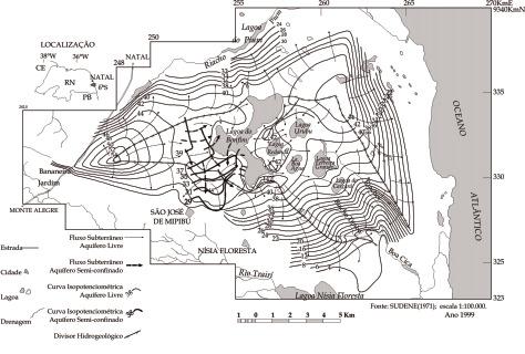 Figura 02. Comportamento dos fluxos subterrâneos do aquífero livre no entorno da Lagoa do Bonfim. Fonte: (SERHID/RN, 1998).