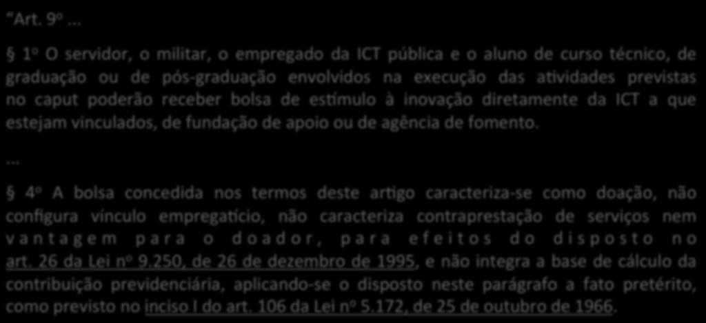 Lei 13.243/2016 - Destaques Lei de Inovação (aperfeiçoamentos) Art. 3º Faculta a celebração por ICT de acordos de parcerias para auvidades conjuntas Art. 9 o.