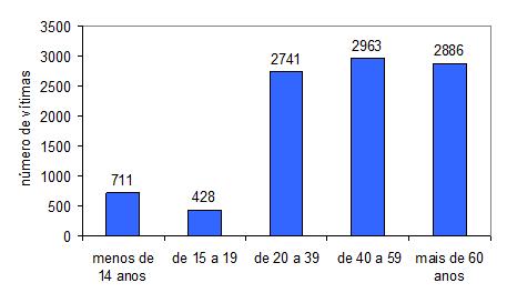 Por faixa etária, no ano de 2010, pessoas entre 20 e 59 anos representaram cerca de 60% total das vítimas fatais.