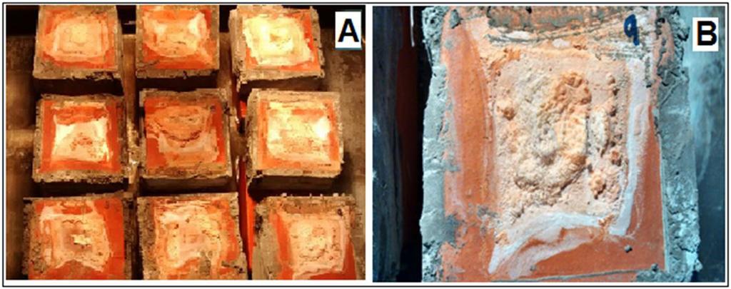 Figura 4. Tijolos após teste com lâmpada de infravermelho. (A) Tijolos imersos em água com aquecimento; (B) Imagem aproximada de sais cristalizados na superfície do tijolo. Figura 6.