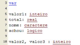 VARIÁVEIS Observe que cada tipo é diferente, então não devemos tentar colocar um valor real dentro de um inteiro, ou somar duas