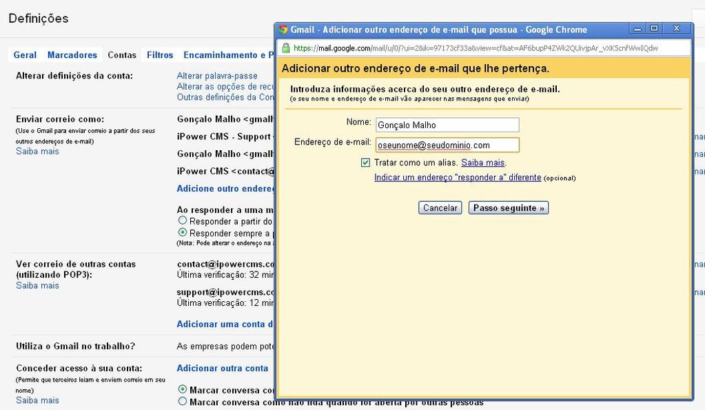 5. Na secção "Ver correio de outras contas (com POP3)",