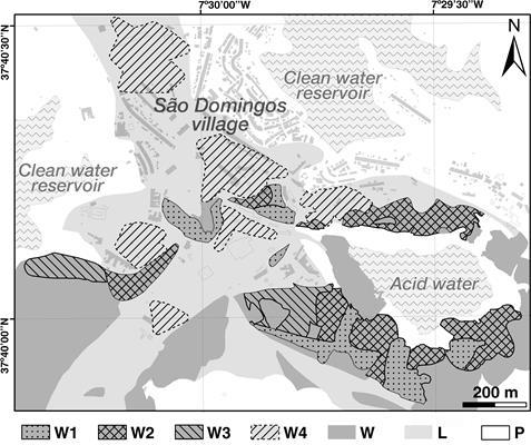 surface (b) was verified by comparing with the Ribeiro 1857 São Domingos map, perfomed before the modern mining (Custódio 1996, Matos et al., 2011).