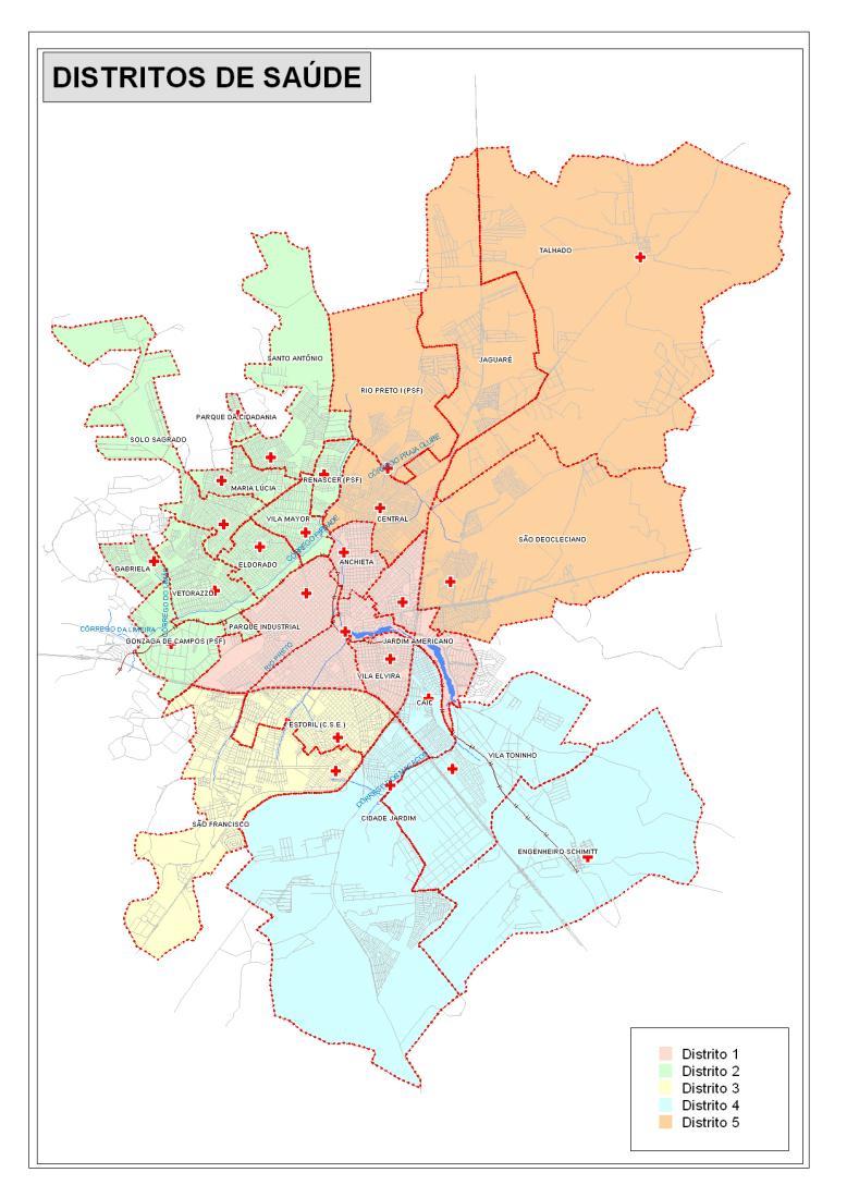 Plano Municipal de Saúde 2010-2013 No município de São José do Rio Preto/SP foram definidas 25 áreas de abrangência, que possuem o papel de definir geograficamente um território de saúde com a