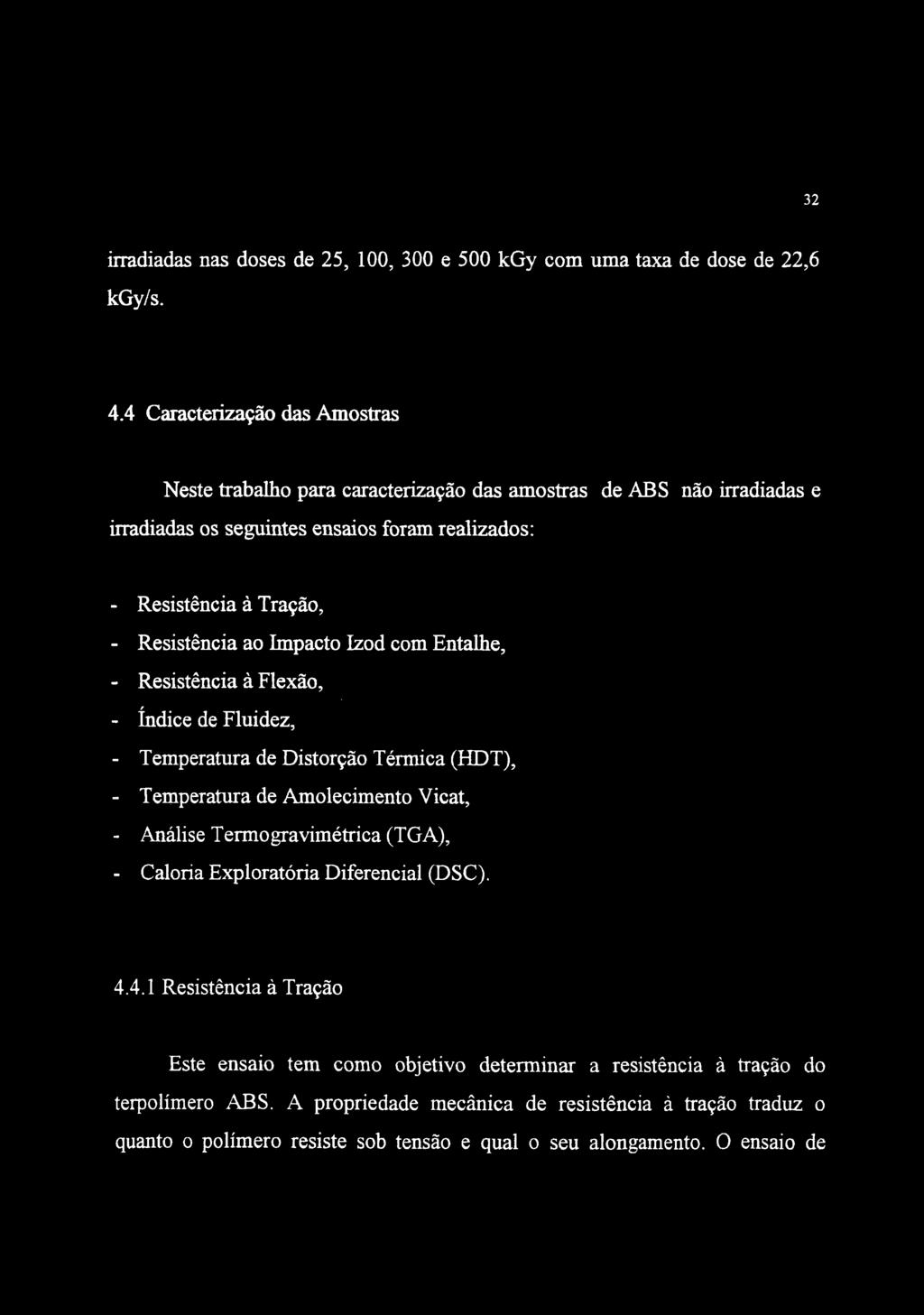 32 irradiadas ñas doses de 25, 100, 300 e 500 kgy com uma taxa de dose de 22,6 kgy/s. 4.