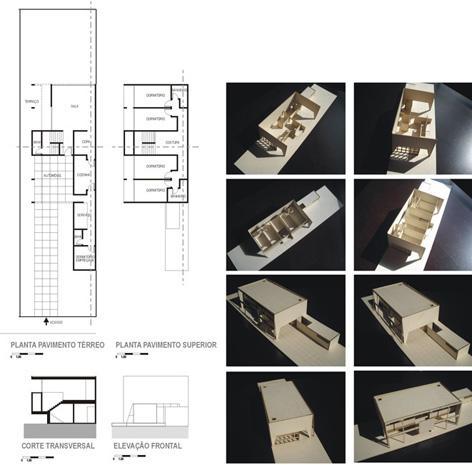 Figura 19: Plantas, corte e elevação projeto para residência Edith Leme Ianni (1960). Fonte: Re-desenho da autora, 2010. Fotografias da maquete. Fabricação e fotos da maquete. Fonte: Autora, 2010.