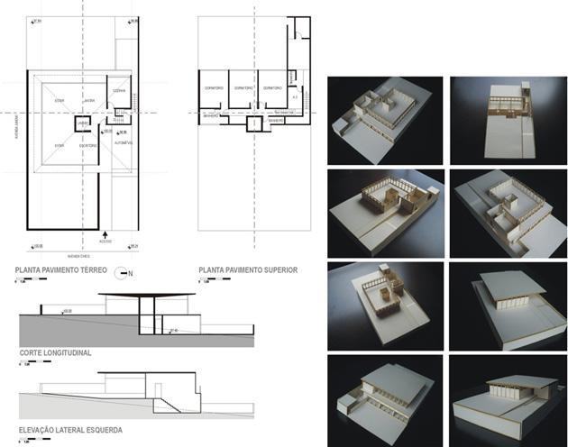 superior é destinado aos setores do programa residencial (social, serviço e íntimo). O piso térreo é destinado aos ambientes de trabalho (estúdio, sala de reuniões, direção e recepção).