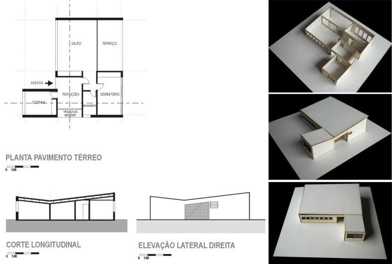 Figura 29: Planta, corte e elevação projeto para residência Mendes André 2 (1951). Fonte: Re-desenho da autora, 2010. Fabricação e fotos da maquete. Fonte: Autora, 2010.