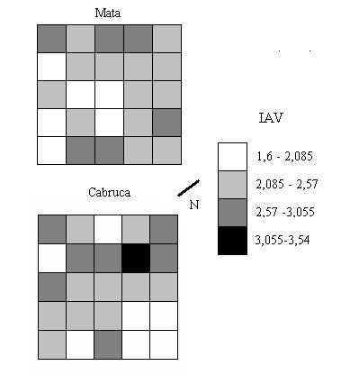 4 Índice de área vegetal 3 2 1 CL_1 CL_2 classes Figura 3 - Índice de área vegetal (IAV) na mata (1) e na cabruca (2), da RPPN da Serra do Teimoso, BA.